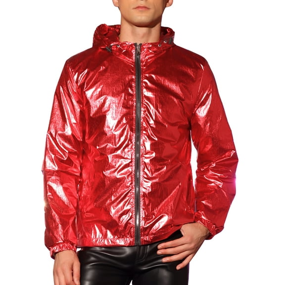 INSPIRE CHIC Metallic Windbreaker for Men's Drawstring Hooded Zipper Party Club Jacket Red M