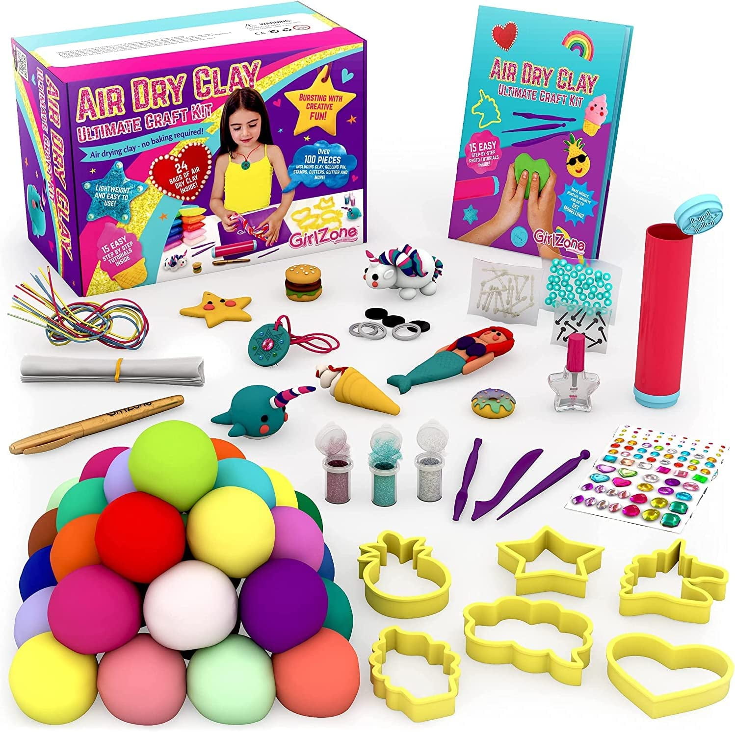 GirlZone Air Dry Clay Ultimate Craft Kit, Over 100 Piece Kids Modeling
