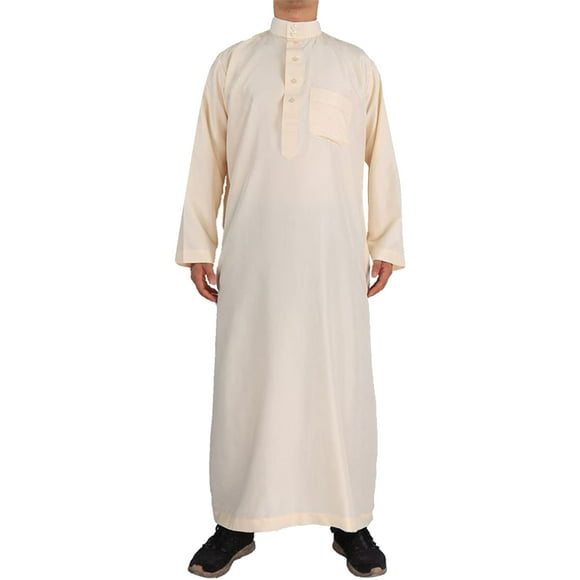 BKQCNKM Long Sleeve Tee Shirts For Men Male Casual Robe Muslim Stand Collar Thobe Long Solid Pocket Long Sleeve Jubba Robe Button Up Shirt Men Fall Shirts Beige 54