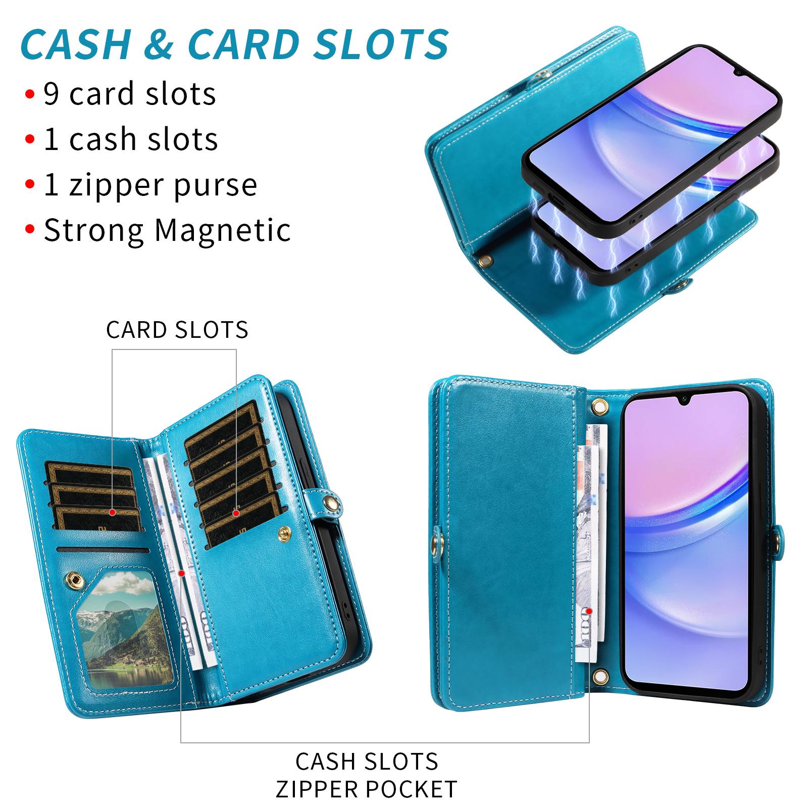 Asuwish Phone Case for Samsung Galaxy A15 5G/4G Zipper Wallet Detachable Cell Cover with Tempered Glass Screen Protector Crossbody Lanyard Strap Flower Flip Card Holder A 15 G5 15A Women Girls Blue
