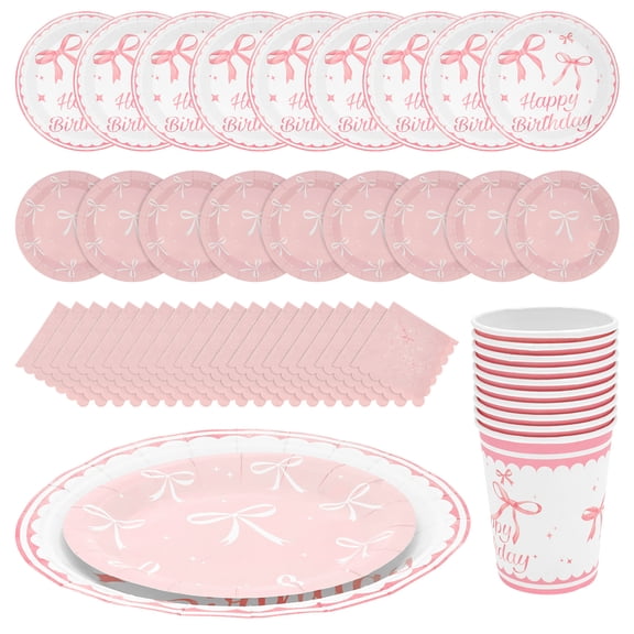 50 Pcs Pink Bow Decorations Plates Napkins and Tableware Sets Cute Bow Dessert Party Plates for Bridal Engagement Gathering
