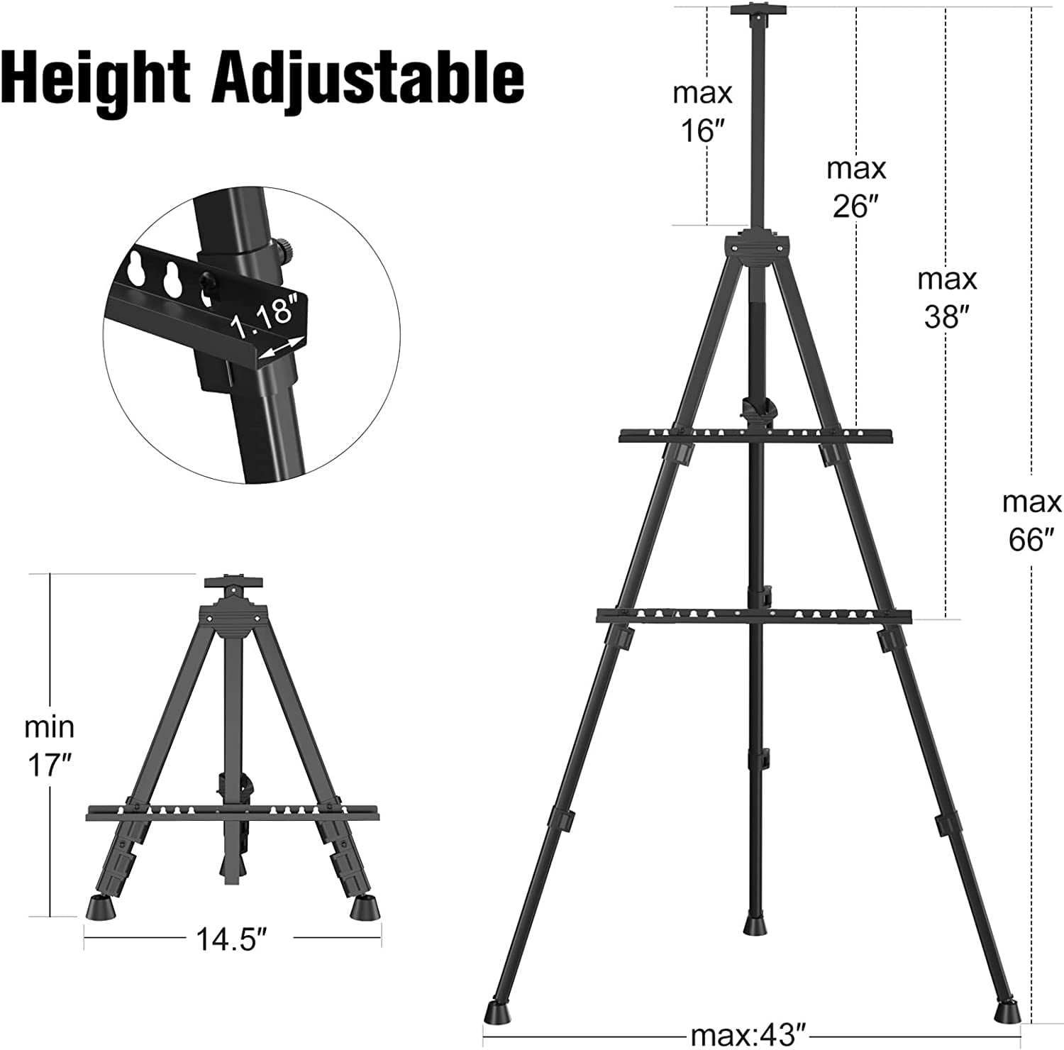 Art Painting Artist Easel Stand, Portable Adjustable Aluminum Metal Tripod Display with Bag, Height from 17 to 66 inch for Table-Top/Floor Drawing and Displaying, Black