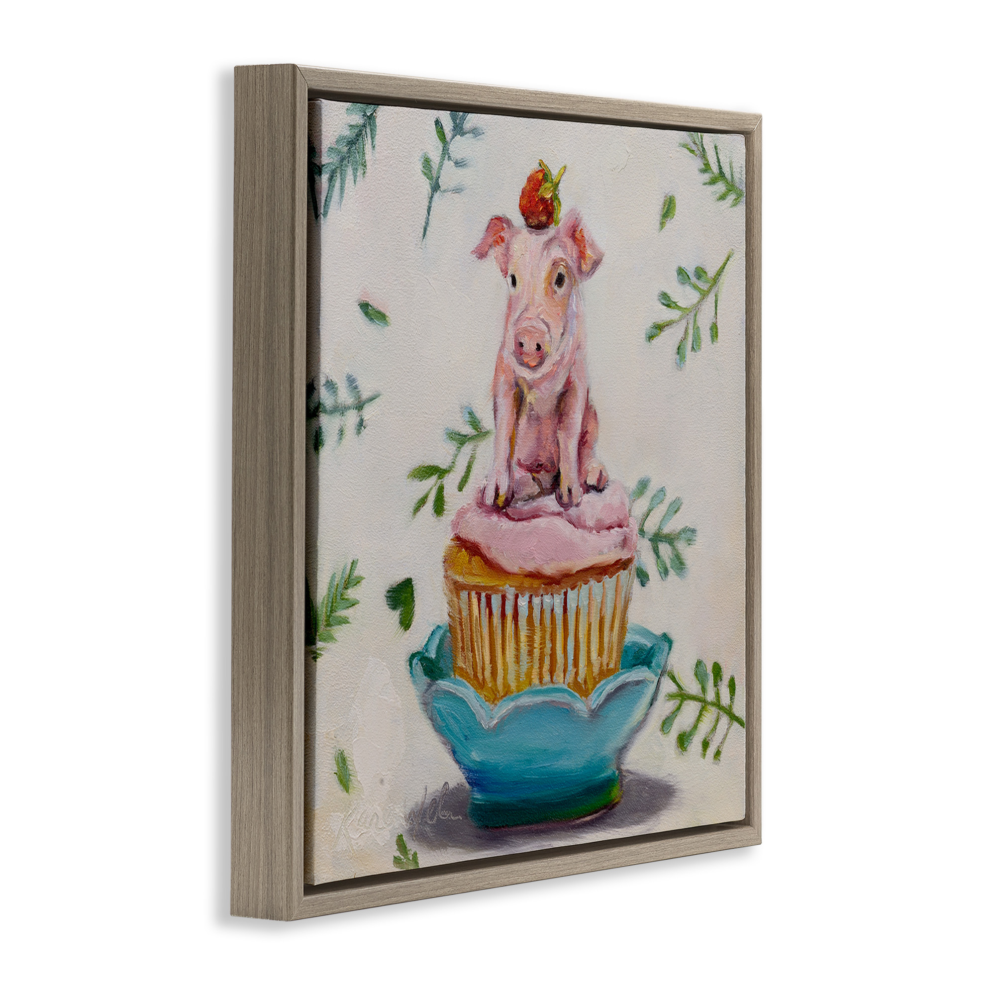 Stupell Industries Teacup Pig on Cupcake Animals & Insects Painting Brown Floater Framed Canvas Art Print Wall Art, 25 x 25