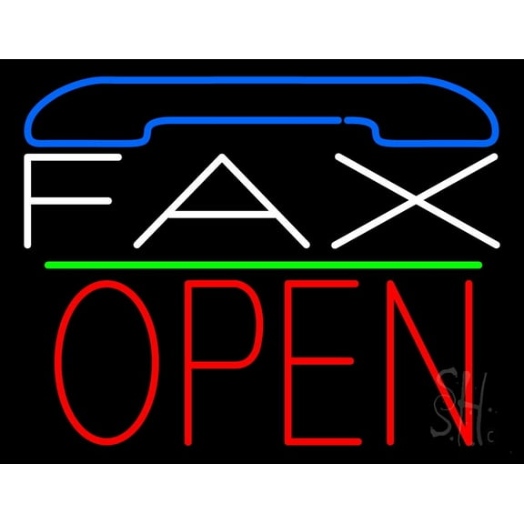 White Fax With Logo Open 1 LED Neon Sign 24 x 31 - inches, Clear Edge Cut Acrylic Backing, with Dimmer - Bright and Premium built indoor LED Neon Sign for Computer & Electronics store decor.