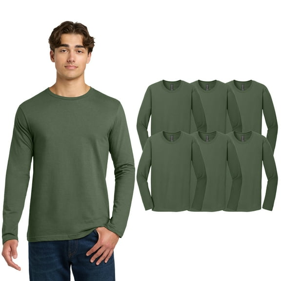 Gildan Men Softstyle Long Sleeve T-Shirt, Blank Military Green Crew Neck Cotton Tee 6-Pack, S