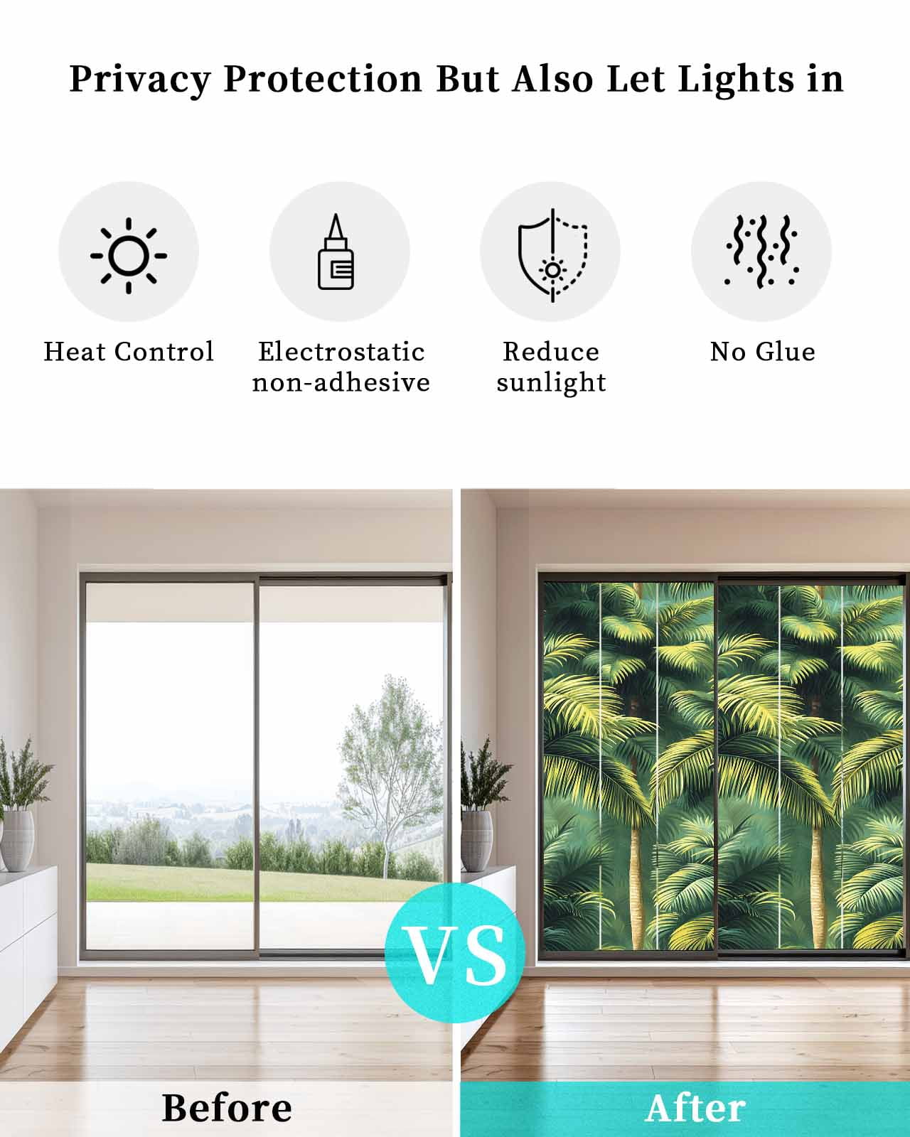 Window Privacy Film Summer Palm Tree Stained Glass Window Film Decorative Sun Block Window Cover Nature Green Tropical Plant Leaves Window Clings Static Adhesive Sticker for Bathroom 23.6"x59"