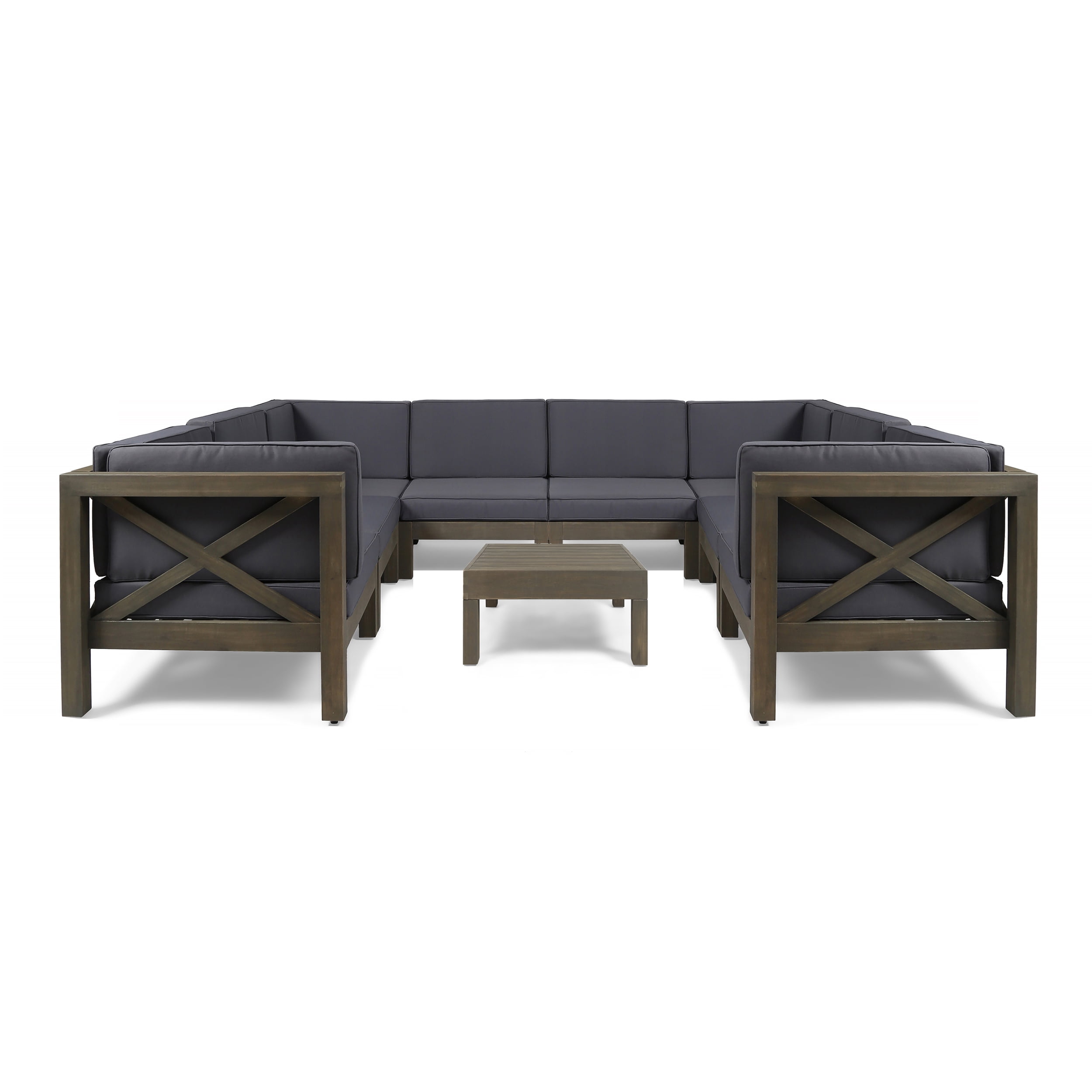 Elisha Outdoor 9 Piece Acacia Wood Sectional Sofa Set and Coffee Table with Cushions, Gray, Dark Gray