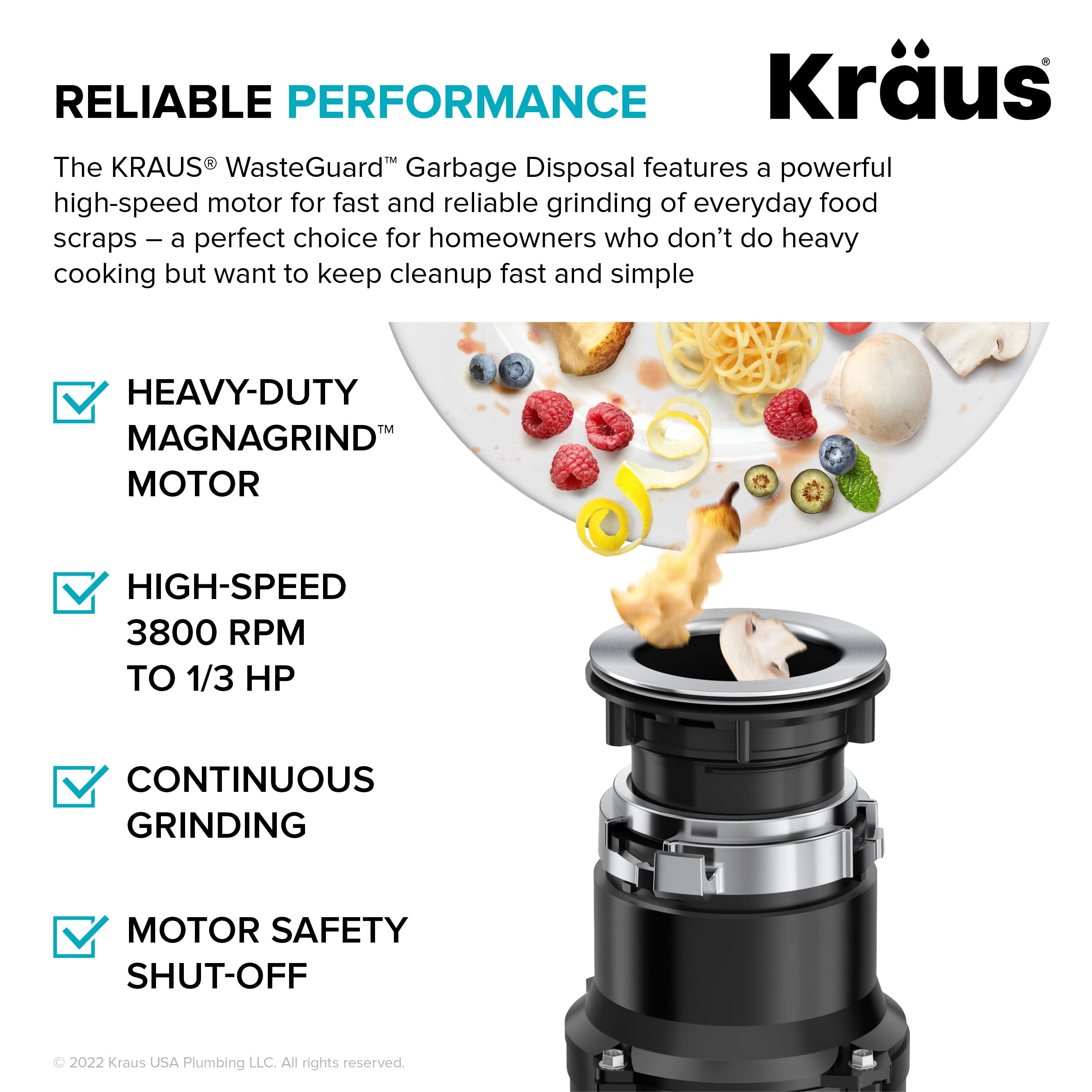 Open Box KRAUS WasteGuard High-Speed 1/3 HP Continuous Feed Ultra-Quiet Motor Garbage Disposal with Quick Connect Mount, Power Cord and Flange Included