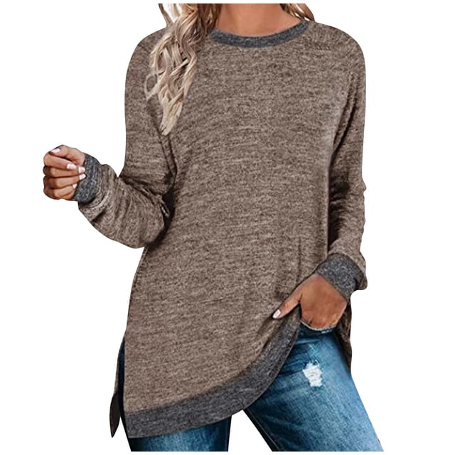 Chandails en Molleton Femmes Col Rond Chandail à Manches Longues Fendu sur le Côté Tunique Mode Automne Hiver Chaud S-58 Marron G