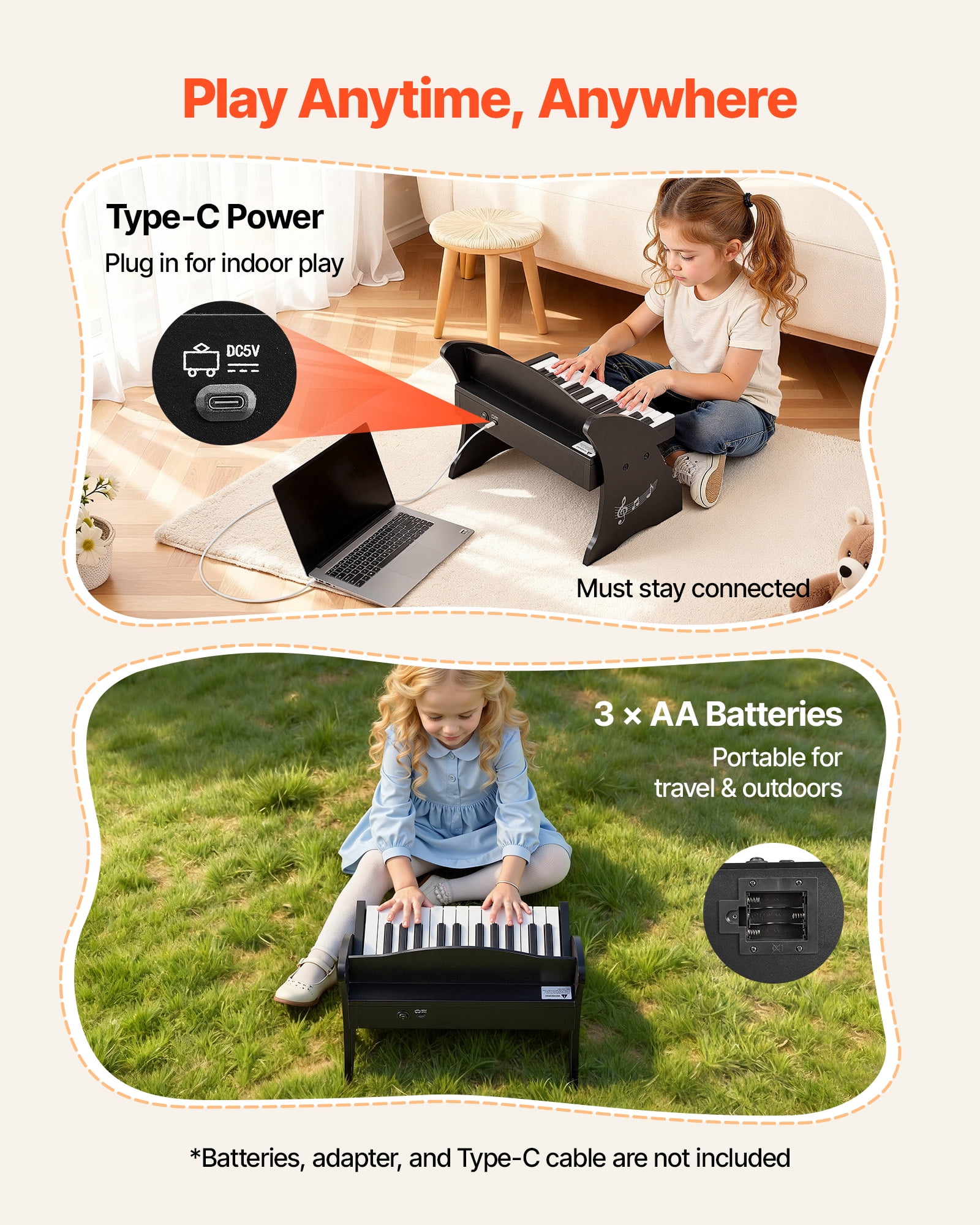 VEVOR Kids Piano Keyboard, 25 Keys Wooden Digital Piano for Kids, Mini Music Educational Instrument Toy with Realistic Sound, Dual Power, Adjustable Volume for Toddlers, Boys Girls Learning, Black