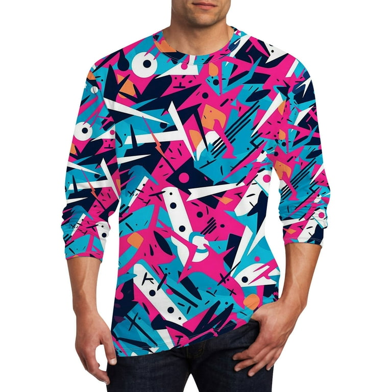 Men's Long Sleeve Abstract Print T-Shirt, Colorful Geometric