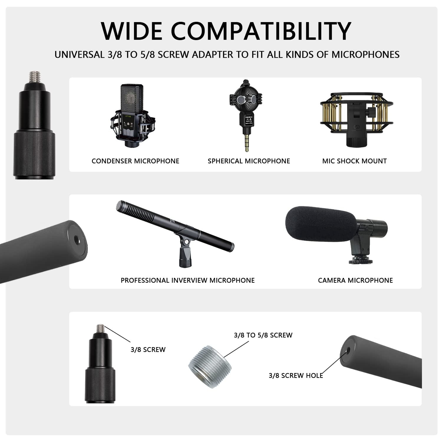 Portable Handheld Boom Pole for Shotgun Mic, 3-Section Extendable Microphone Arm for Filming with 3/8" and 5/8" Threads