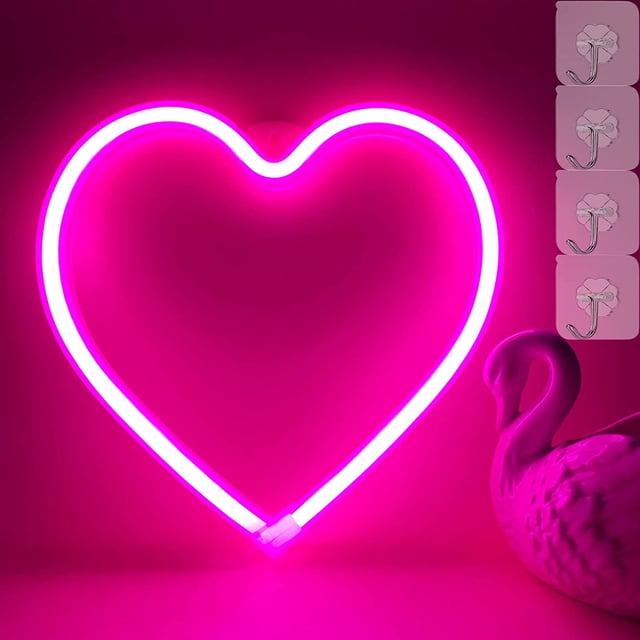 Luces de corazón de neón, señal de neón de corazón rosa, luz Led de corazón, para el hogar, luces de corazón operadas por USB/batería para dormitorio (rosa) JAMW Sencillez