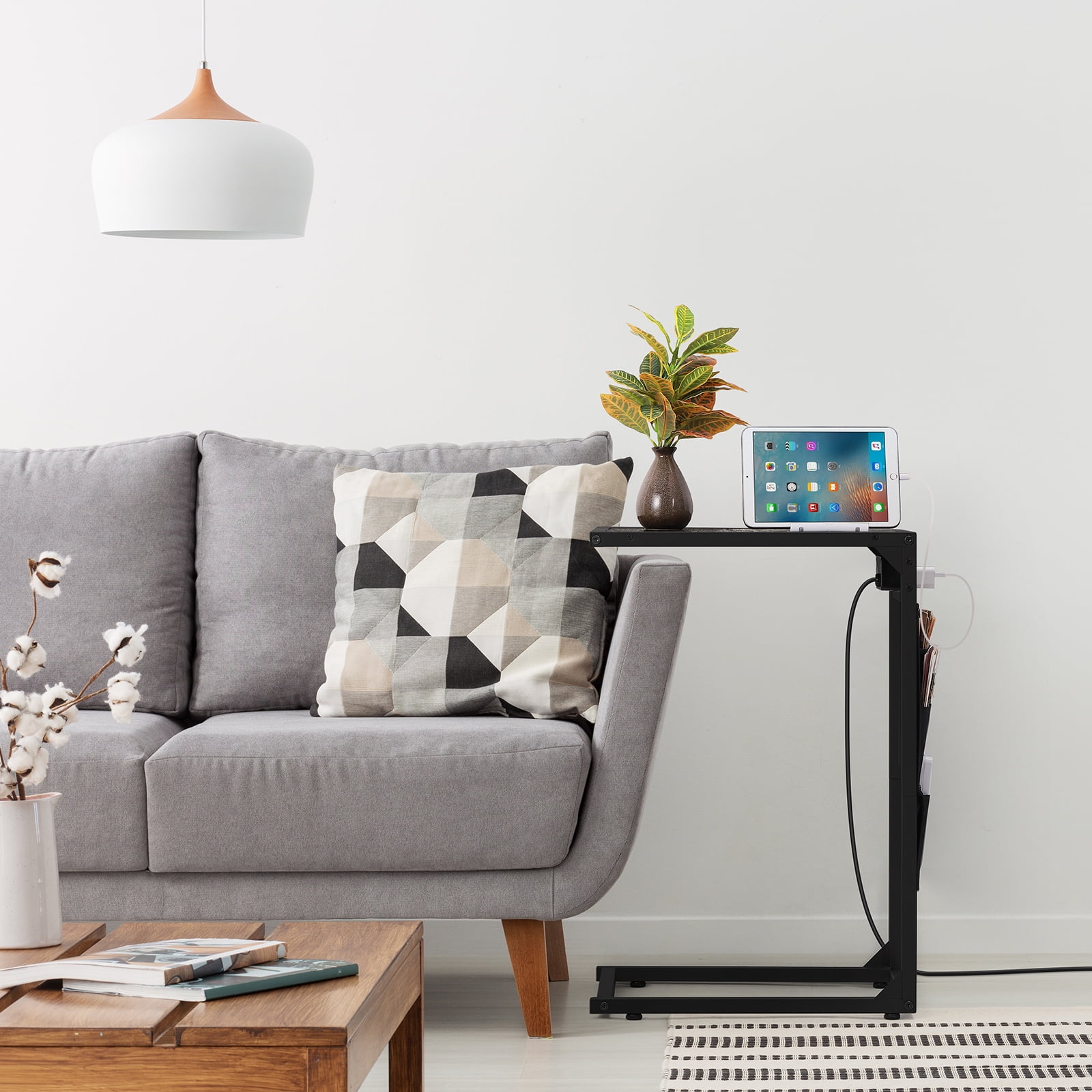C-Shaped Coffee Table Side Table with Charging Station 2 Piece Sofa Table Set Gray
