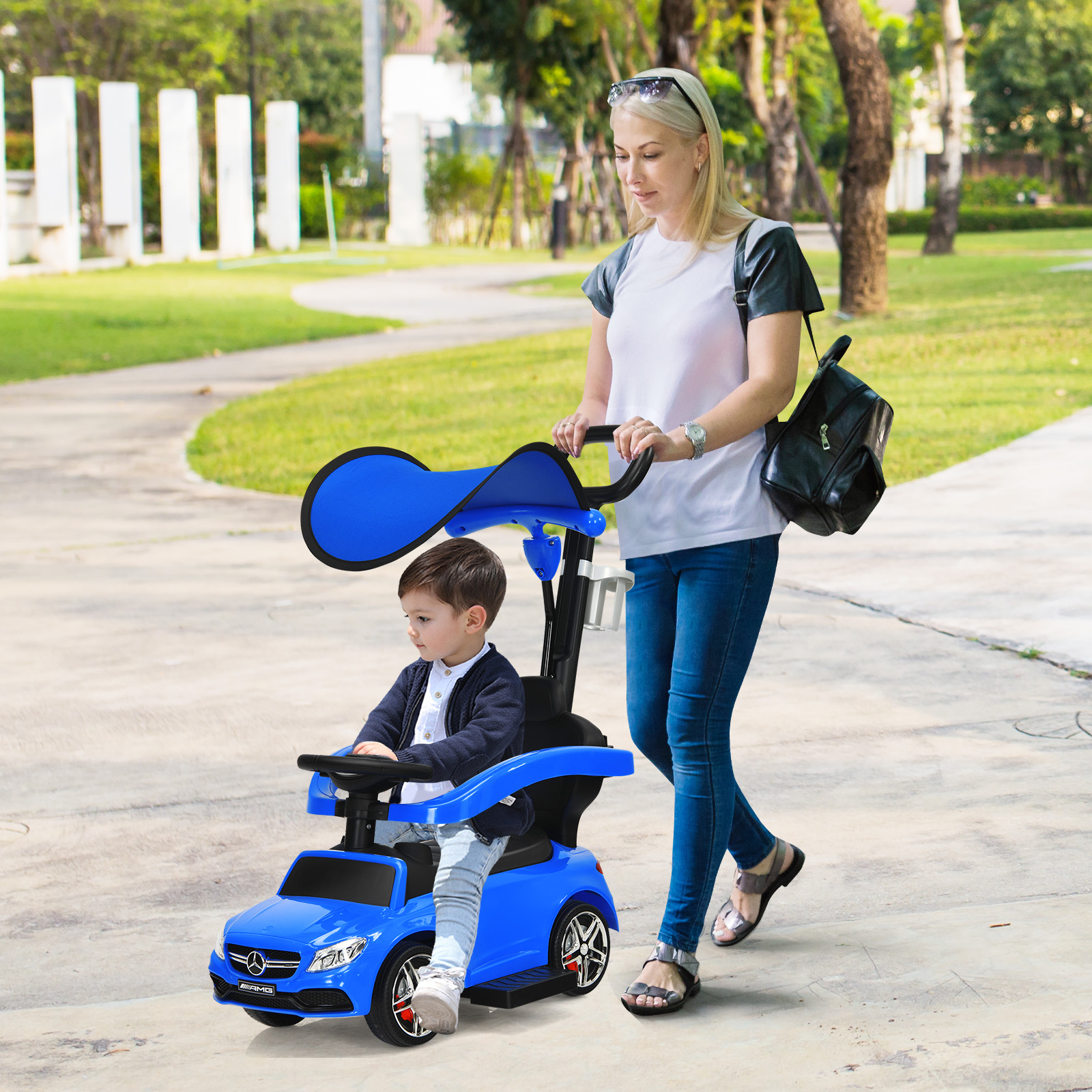 Infans 3 in 1 Ride on Push Car Mercedes Benz Toddler Stroller Sliding Car Blue