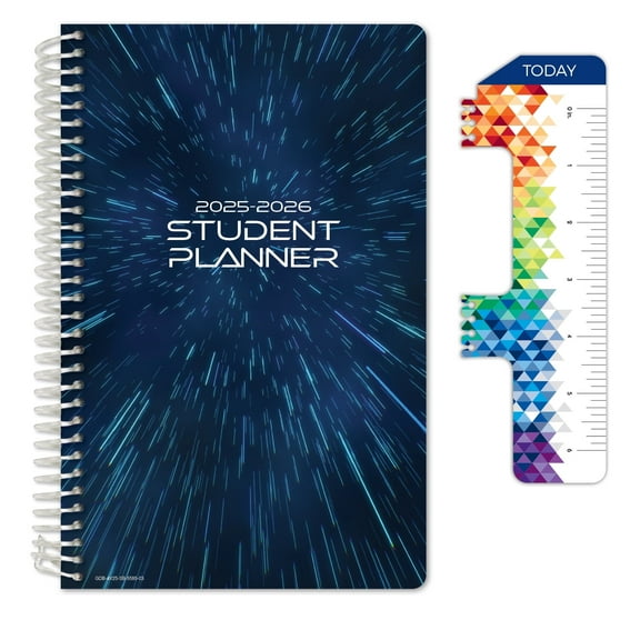 Global Datebooks Dated Middle School or High School Student Planner for Academic Year 2025-2026 Includes Ruler/Bookmark and Planning Stickers, Block Style, 5.5"x8.5", Galaxy, August 2025 - June 2026