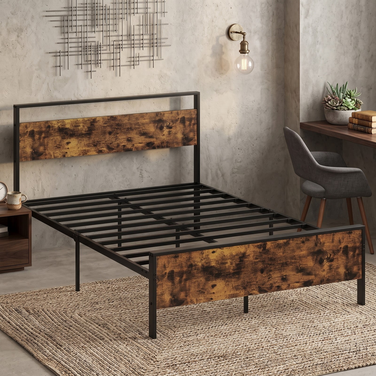 Furnibear Full Size Bed Frame, Metal Platform Bed Frame with Wooden Headboard, Full Bed Frame with Under Bed Storage for Bedroom, Rustic Brown