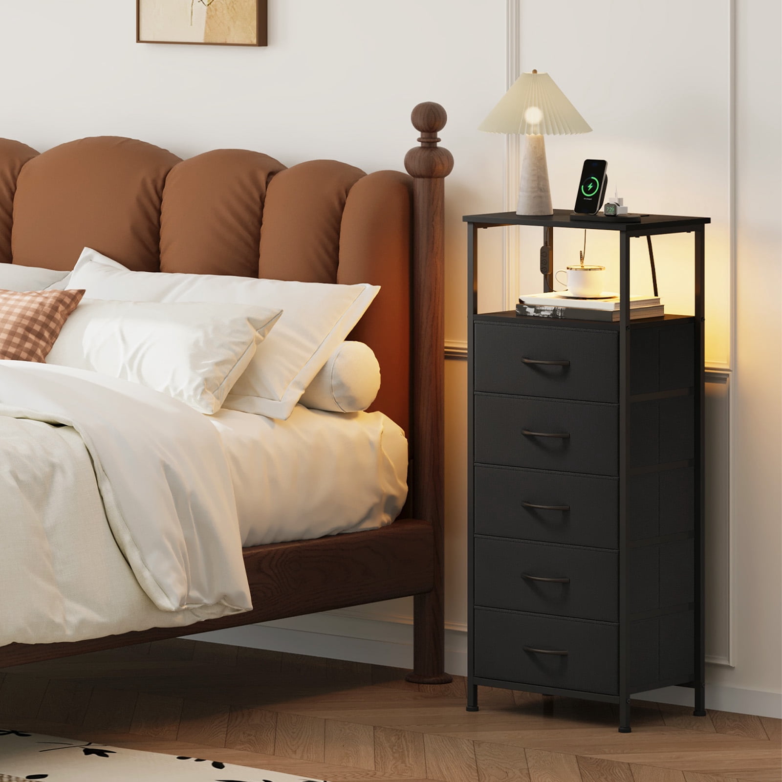 Eunos Black Dresser for Bedroom, 5 Drawer Nightstand with Charging Station, LED and Open Shelf