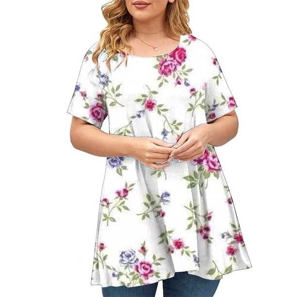 Fiudx Ofertas de La Semana Camiseta de Talla Grande para Mujer, Manga Corta, Básica, Estampada, Informal, con Cuello Redondo, Dobladillo Ancho, Camisa Grande