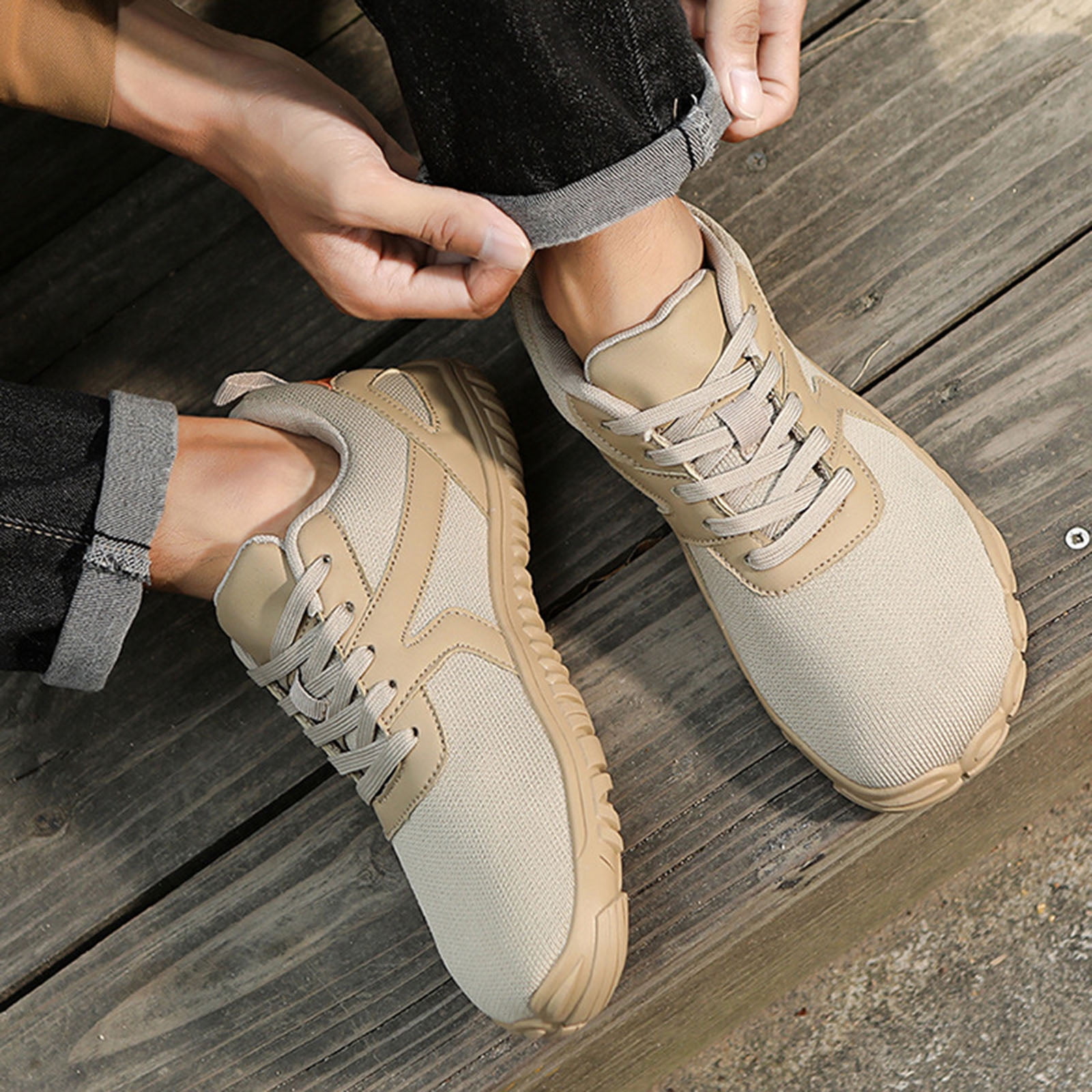 Barefoot Shoes Women Men Wide Toe Box Sneakers Mesh Lace up Running Hiking Shoes Lightweight Workout Gym Footwear Khaki Size 9