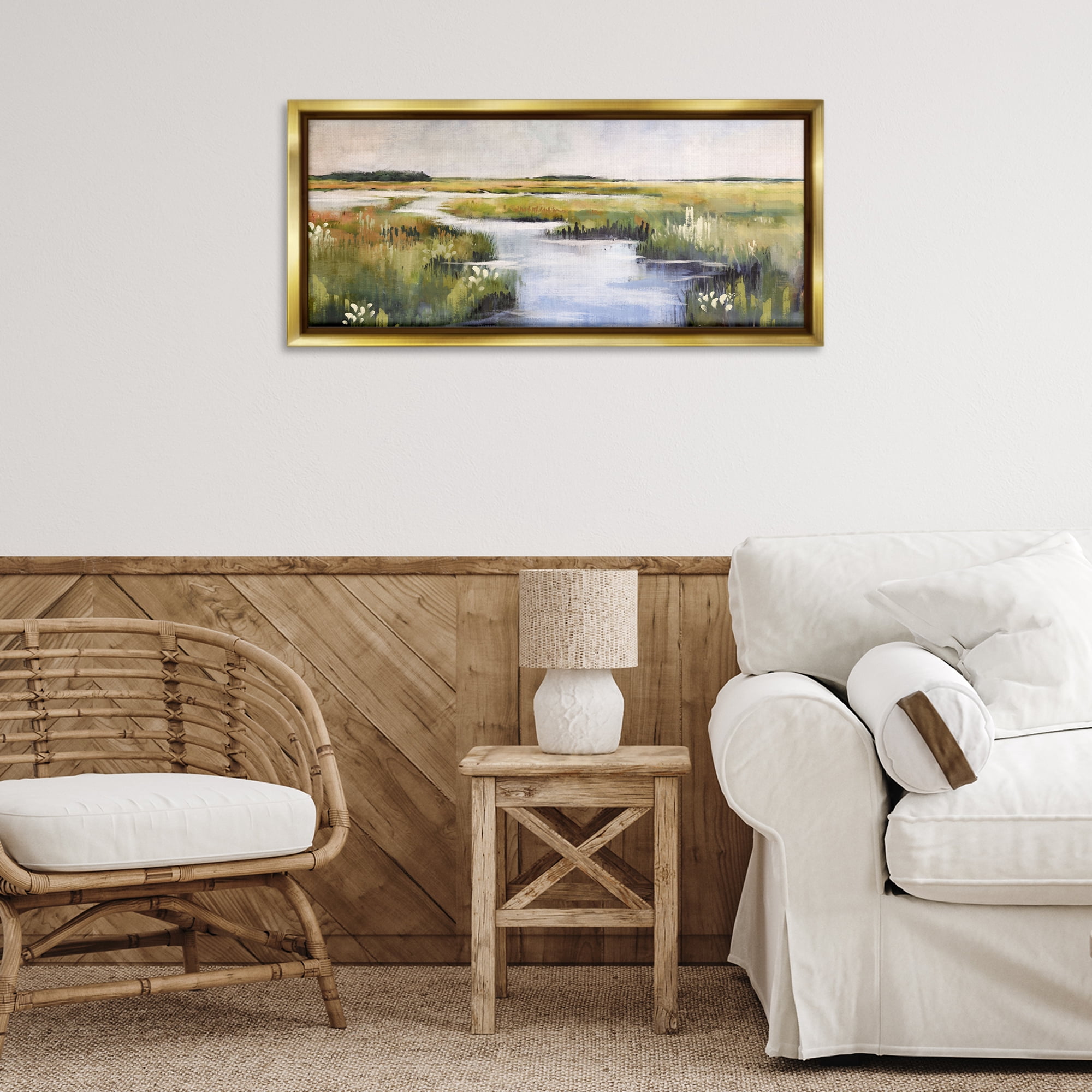 Stupell Industries River Through Marshlands Landscape & Nature Painting Gold Floater Framed Canvas Art Print Wall Art, 31 x 14