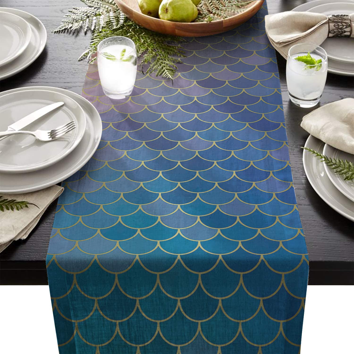 Table Runner Sets with 6 Placemats Diamond Check Turquoise Teal Green Non-Slip Table Runner Place Mats Watercolor Table Mats Runner Set for Dining Table Party Wedding 13 x 70 inches long