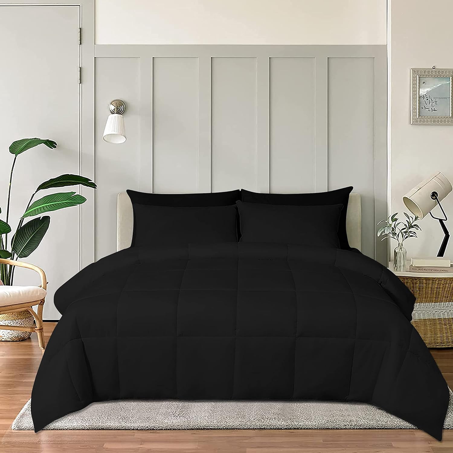 D.N.G. BEDDINGS Deluxe All Seasons King/Cal King Size 800 Thread Count, Solid Black Down Alternative 1 Piece Box Design Comforter Set 100% Egyptian Cotton