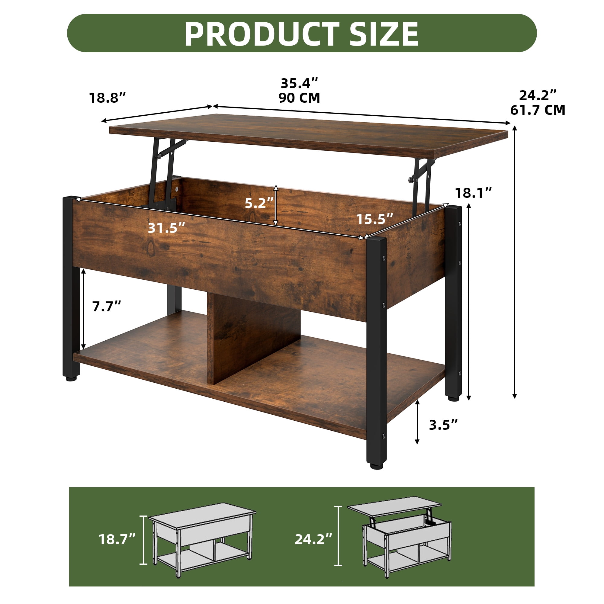 Uforic Coffee Table with Storage, Lift-Top Wooden Center Table for Home & Office, Rustic Brown