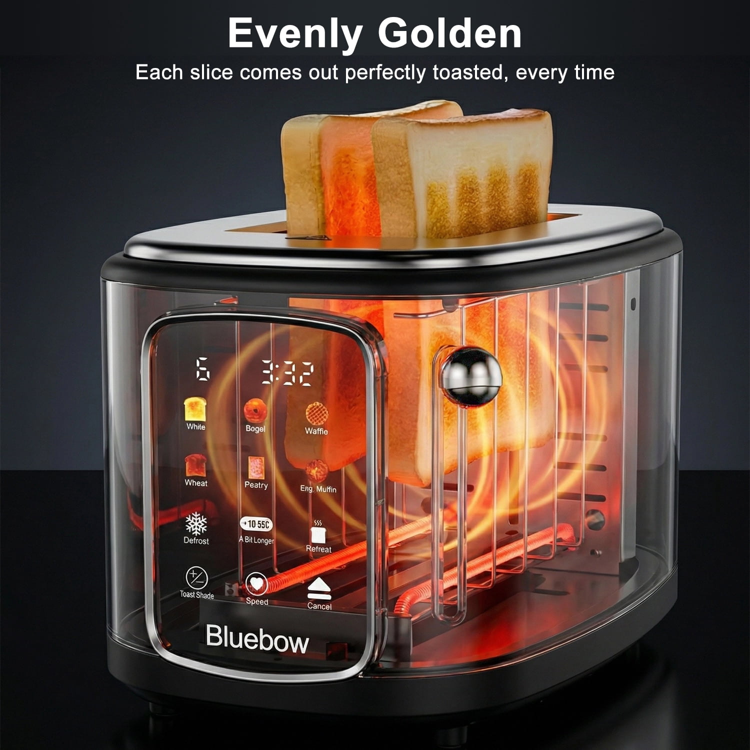 Bluebow 2-Slice Toaster, 1.5" Wide Slots, Touchscreen with 6 Bread Types & Shade Settings, Reheat, Defrost, Saved, Removable Tray, Black
