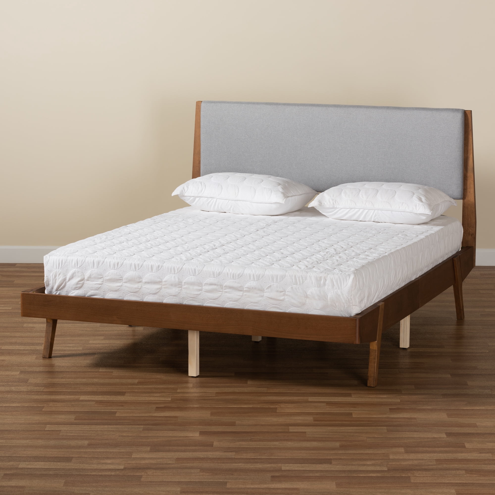 Baxton Studio Sennae Mid-Century Modern Grey Fabric Upholstered and Walnut Brown Finished Wood King Size Platform Bed