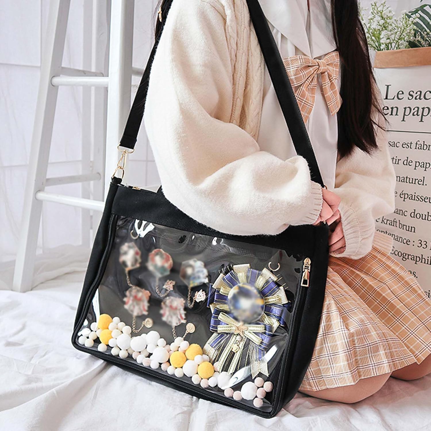 Baguery Ita Bag Canvas Shoulder Tote - Large Transparent Display Window Kawaii Anime Purse, Adjustable Crossbody Bag