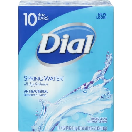 24 Fluorescent Bath Bar - Dial Antibacterial Deodorant Bar Soap, Spring Water, 4 Ounce Bars, 10 Count
