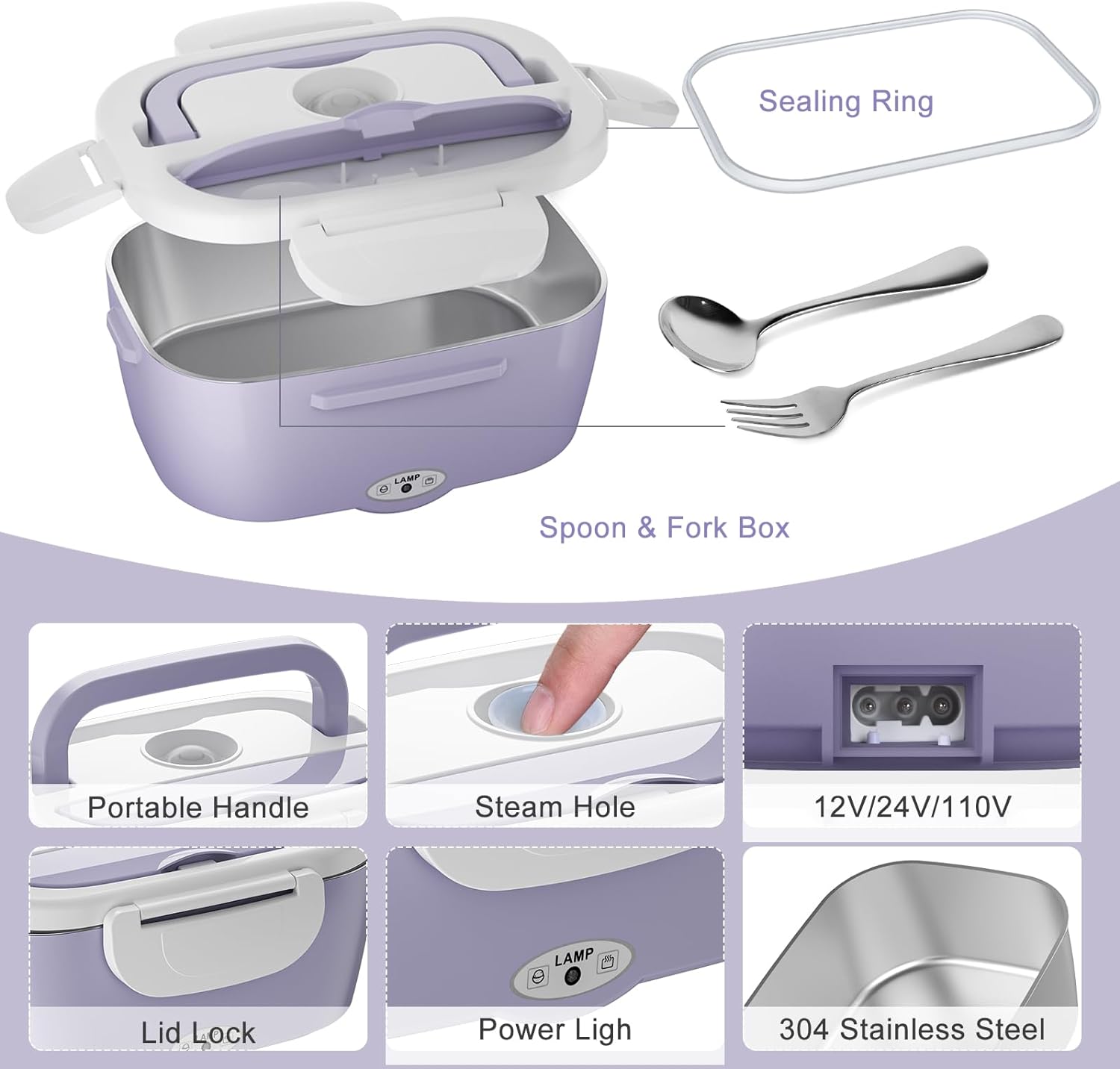 Carsolt Electric Lunch Box Food Heater - 3 in 1 Portable Leakproof Heated Lunch Box for Car/Home/Adults with 1.5L Removable 304 Stainless Steel Container, 60-80W, 12V/24V/110V (Light Purple)