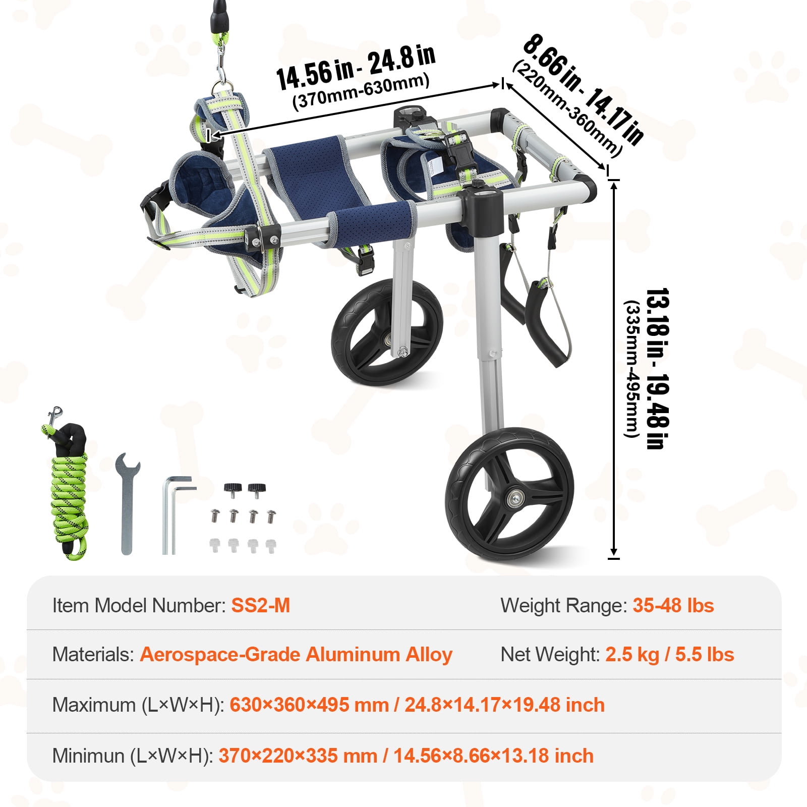KFFKFF Pet Mobility Cart for Rear Legs, Lightweight & Customizable Support for Rehabilitation, Suitable for Pets with Injuries, Disabilities, or Weakness in Back Legs (Medium)