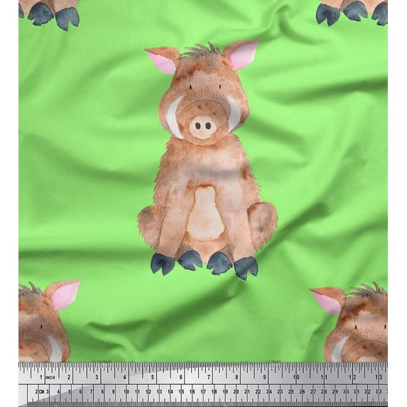 Soimoi Green Poly Georgette Fabric Pig Animal Printed Craft Fabric by the Yard 52 Inch Wide