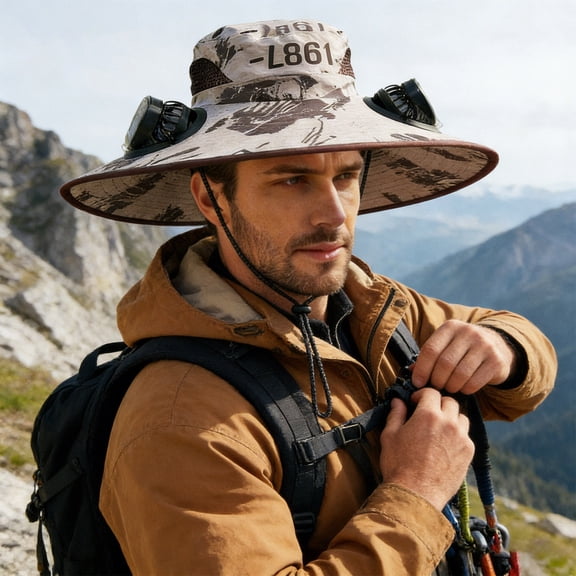 Outdoor Wide Brim Sun Hat with 2 Solar Fan Sun Bucket Hat for Men Women UPF 50 Bucket Fishing & Beach Hat with Fan Built in