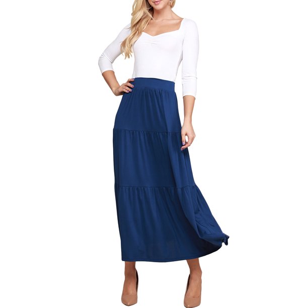 Doublju Women's Elastic Waist Layered Shirring Maxi Skirt with Plus Size