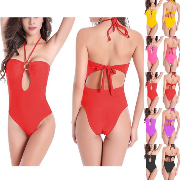 Fengqque Women's Halterneck Hollow-out Solid Color One Piece Bathing Suit Tummy Control Swimsuit Yellow XL(XL)