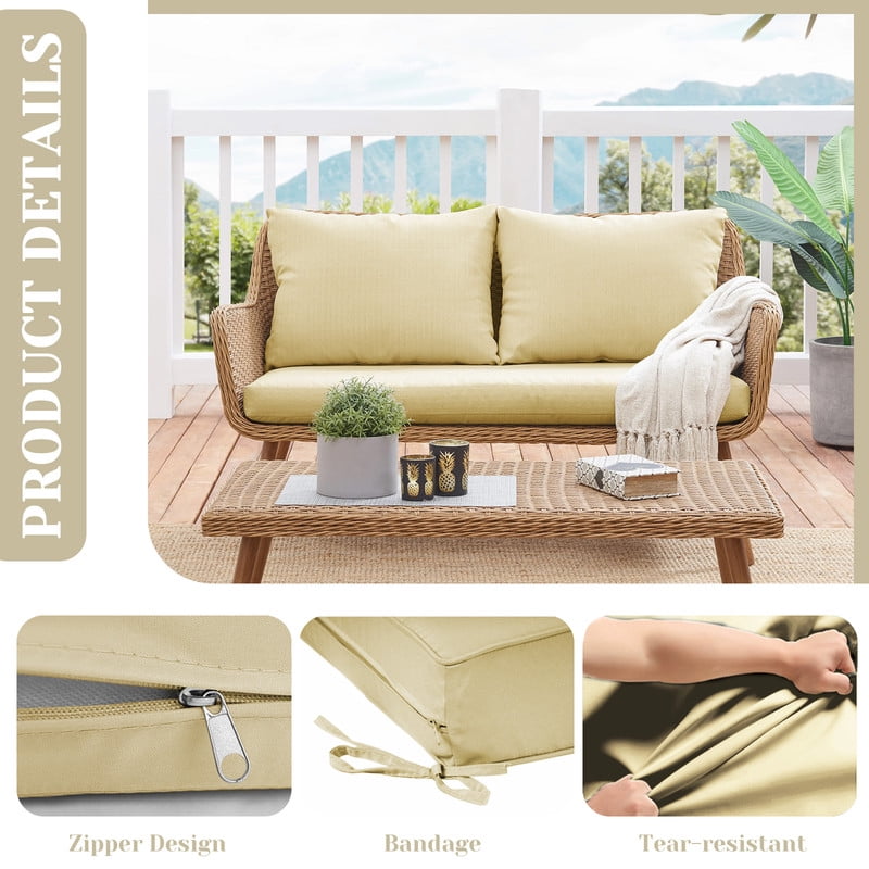 Outdoor Loveseat Cushions Set 48" x 24" Water Repellent & Fadeness Patio Furniture Cushions with Removable Cover and Ties, Patio Love Seat Sofa Cushions for Porch Garden Chair（Beige）