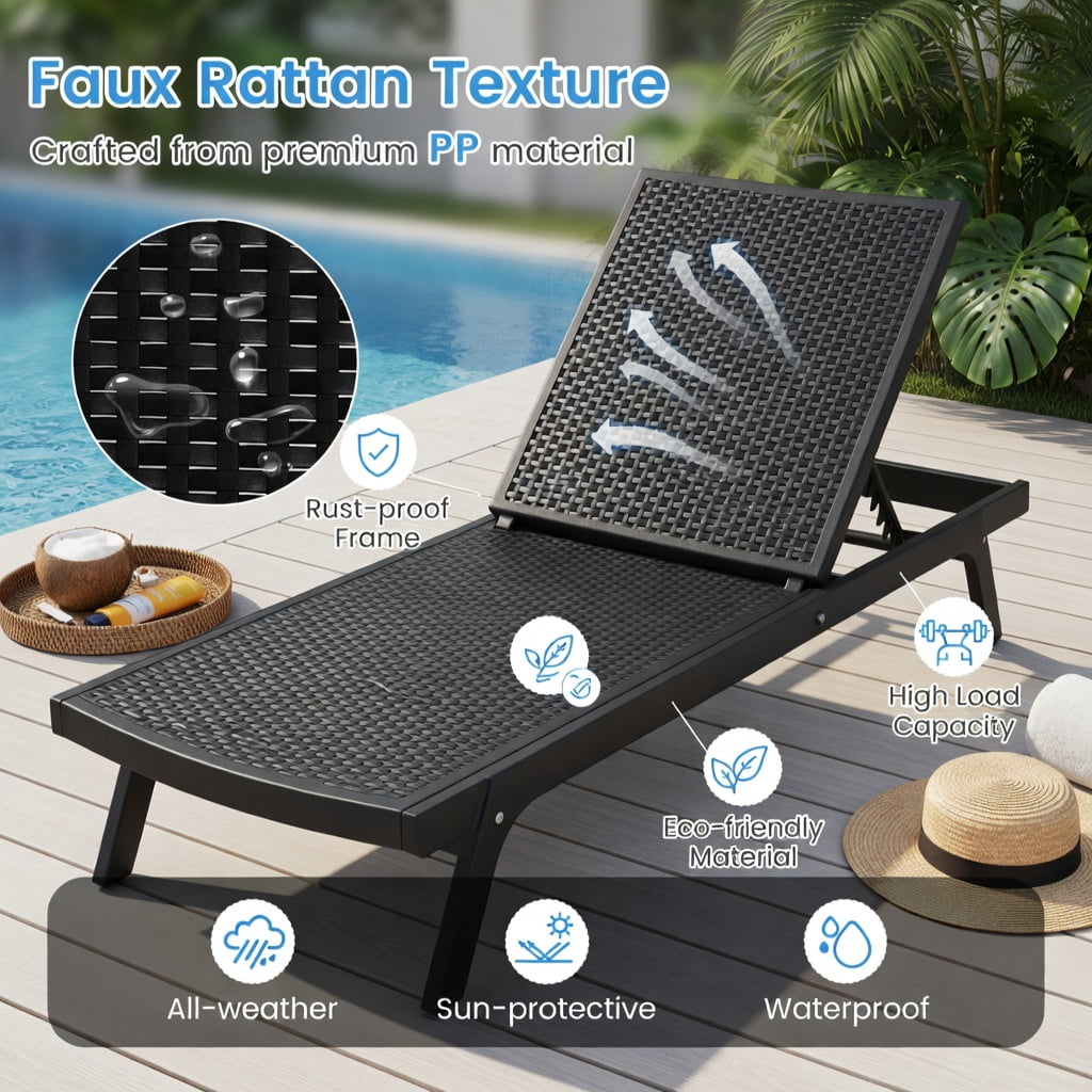 Hommoo Outdoor Chaise Lounge Chair, Adjustable 4-Position Backrest, Waterproof Faux Rattan PP Surface, for Patio, Poolside, or Deck, Black