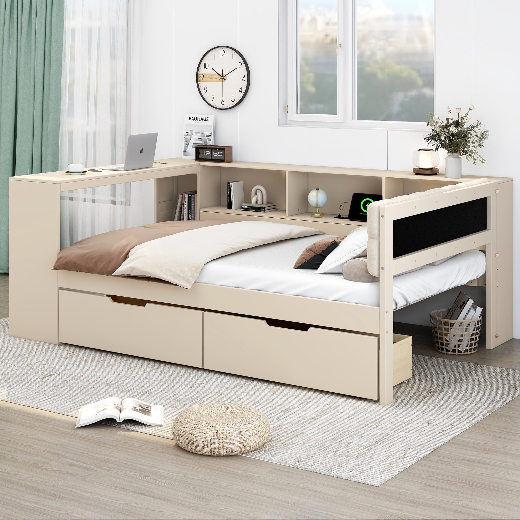 Alvantor Wood Full Size Platform Bed with Storage Drawers and Desk, Upholstered Corner Bed Frame With Charging Station, Cream