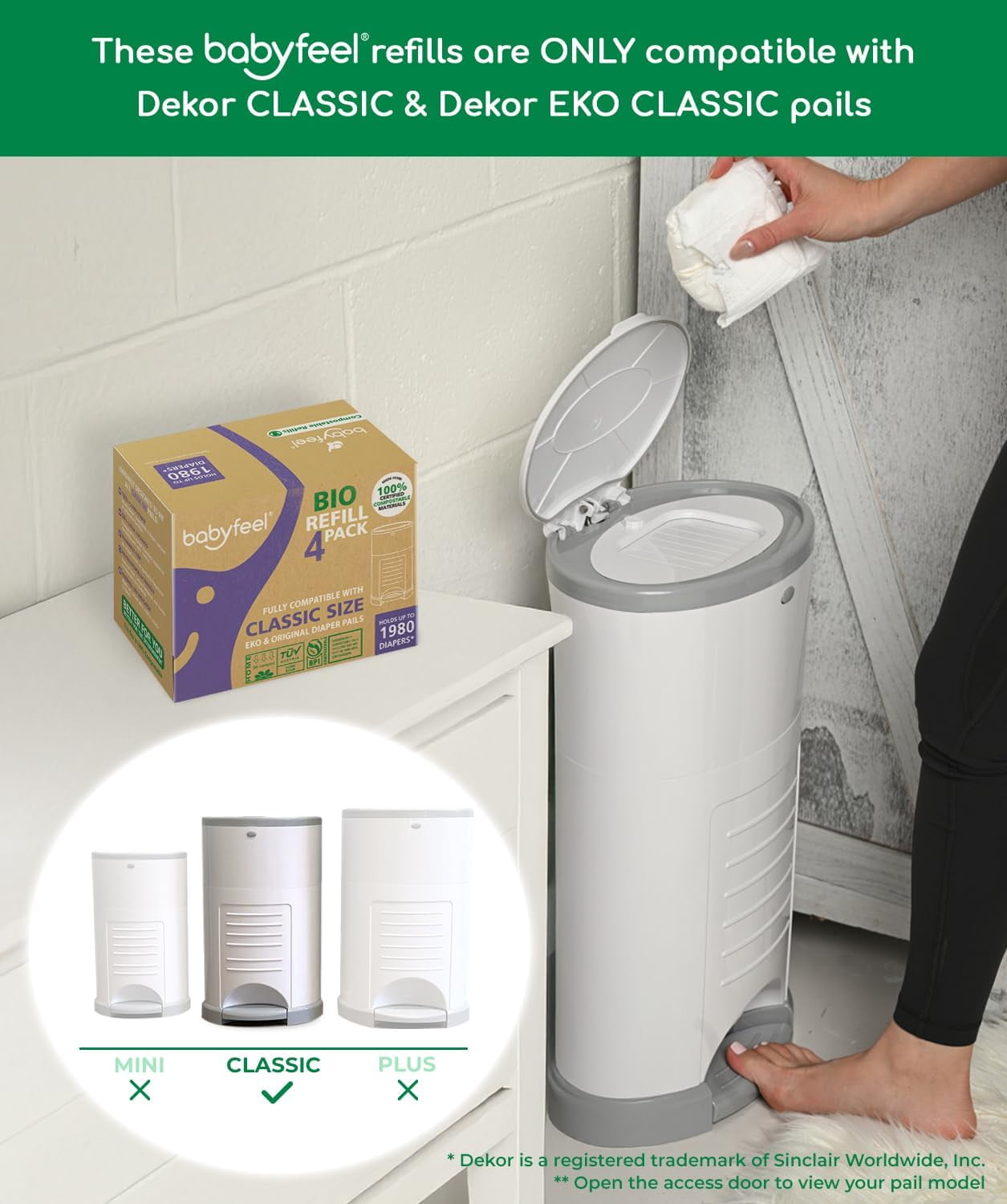BIO Refills Compatible with DEKOR CLASSIC Diaper Pails | 100% Compostable |4 Pack |50% Extra Thickness | Compost Refill bags with Running Low Indicator |Powerful Odor Control | Fragrance-free