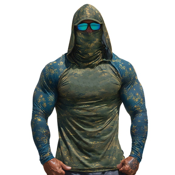 LNZGNM Fishing Shirt for Mens Casual American Flag Pattern Sun Protection Top Long Sleeve Cooling Raglan Hoodie with Face Mask Hiking, Army Green (XXL)