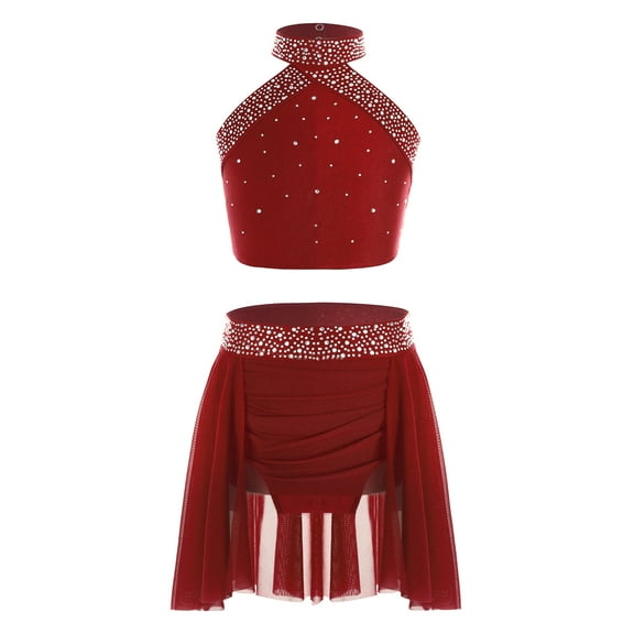 YiZYiF Kids Girls Sparkly Rhinestone Lyrical Dance Outfits 2-Piece Crop Top with Skirt Ballet Dancewear Burgundy 8