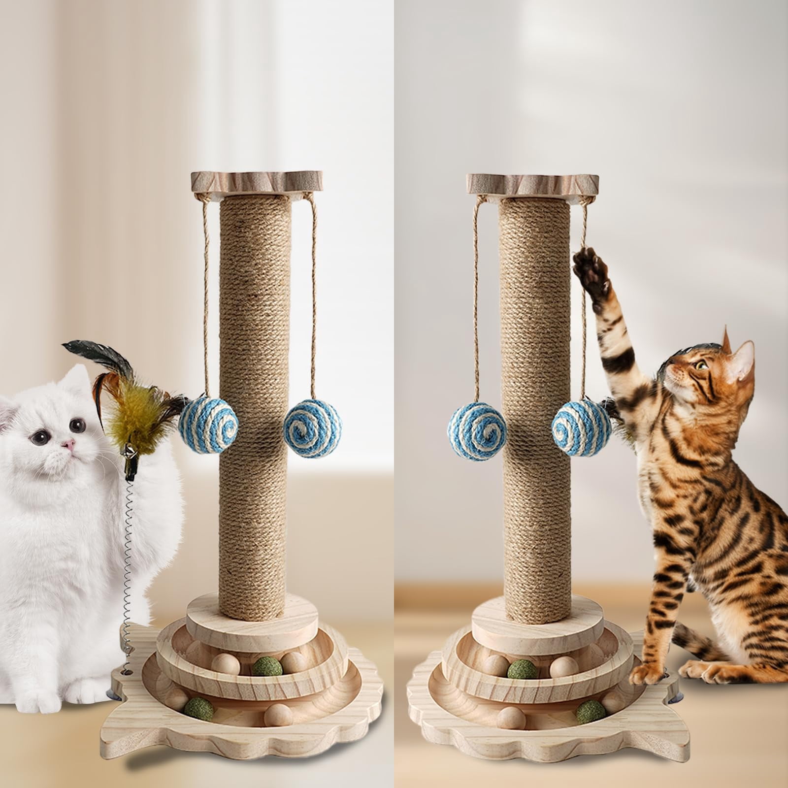 Cat Scratching Post - 4 in 1 Wooden Cat Scratcher Toy, 18" Tall Scratch Post with 2 Level Cat Track Balls, 2 Interactive Feather Toys and 2 Sisal Hanging Balls for Indoor Kittens, Adult Cats, Gifts