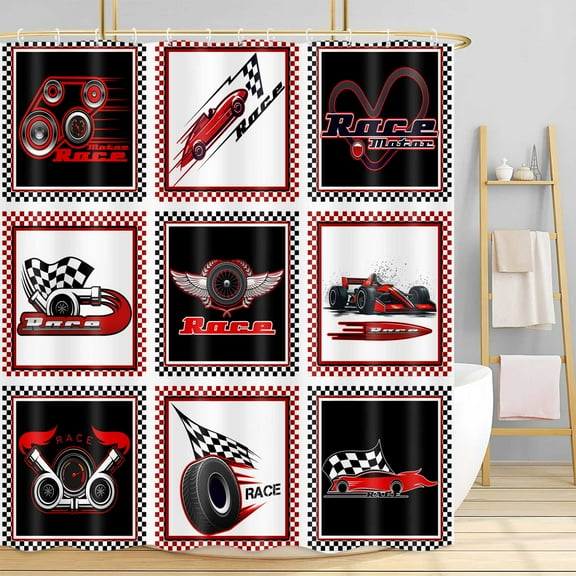 Racing Car Shower Curtain,Black Red Checkered Racing Signs Bathroom Curtain,Kids Boys Teens Men Race Fans Waterproof Fabric Bathroom Decor with Hooks,69X70 in