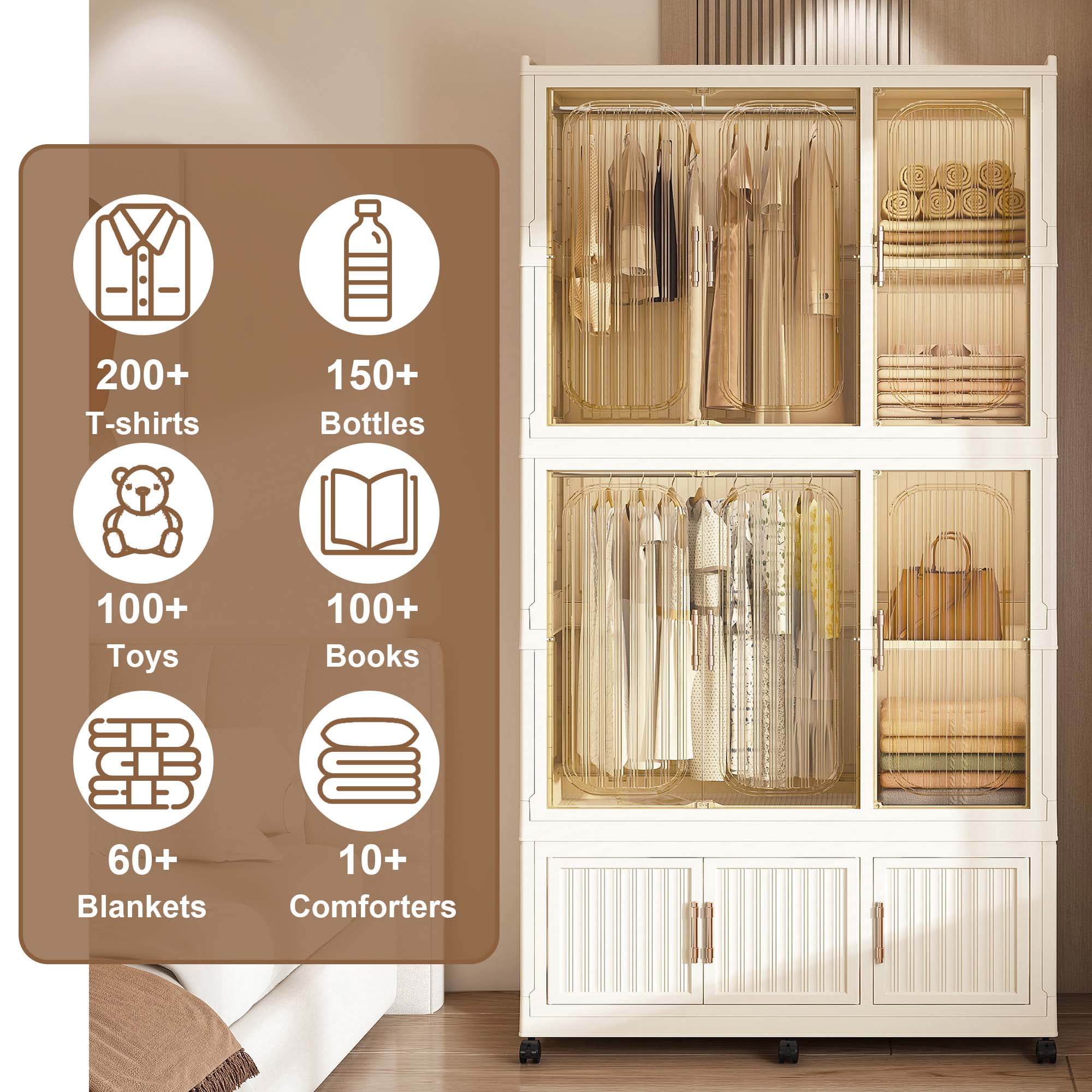Miniyam 36.22" x 17.72" x 77.1" Includes 6 Hangers – Portable Wardrobe Closet – 9 Magnetic Doors, 9 Cubes, 2 Hanging Rods