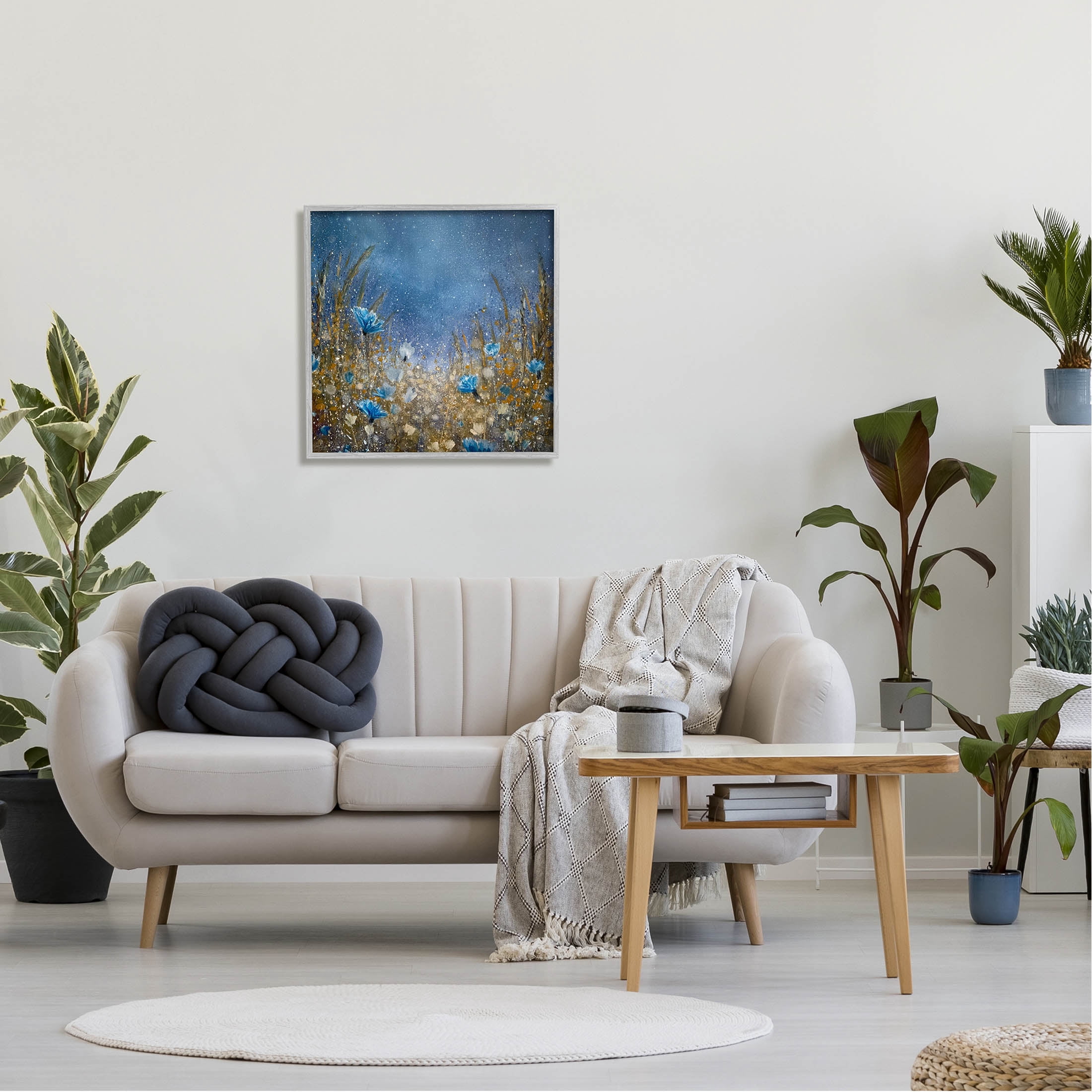Deep Blue Botanical Meadow Grass Landscape Painting Gray Framed Art Print Wall Art