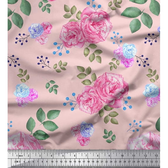 Soimoi Japan Crepe Satin Fabric Berries,Leaves & Pink Flower Fabric Prints by Yard 42 Inch Wide