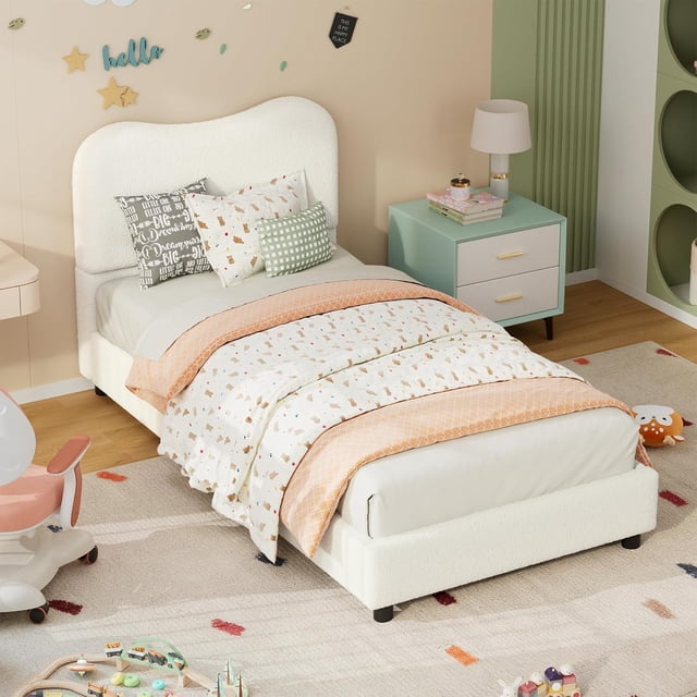 Qinaqin Velvet Upholstered Twin Cama Frame para Cute Low Profile Platform Girls y Boys No Caja Spring Needed Strong de Profundidad Madera Slats Noise Free Easy Assembly Blanco